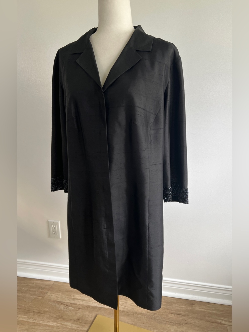Vintage Y2K Black Silk Evening Coat • Beaded Sleeves • Special Occasion Jacket - Picture 6 of 14